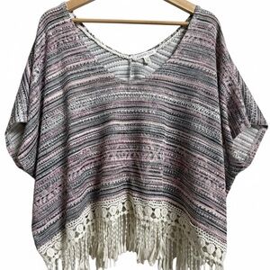 Aeropostale Striped Top CoverUp LightSweater with Fringe Boho Style Chic Preppy